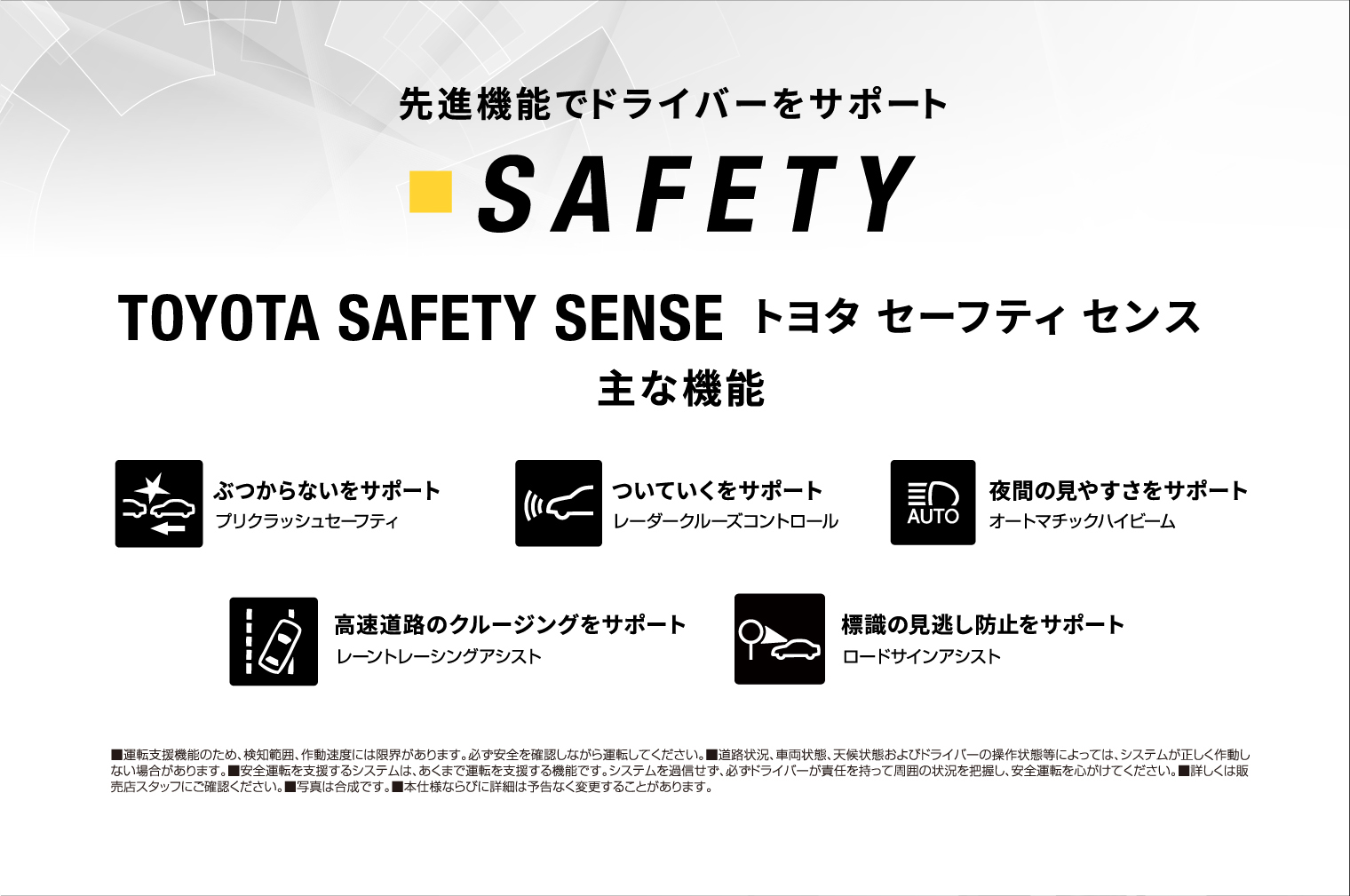 先進機能でドライバーをサポート SAFETY TOYOTA SAFETY SENSE トヨタ セーフティ センス 主な機能